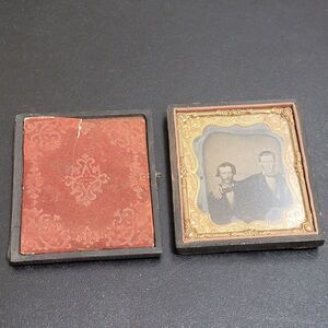 1800s Tintype 2 Distinguished Gentlemen Friends Photo in Union Leather Case READ